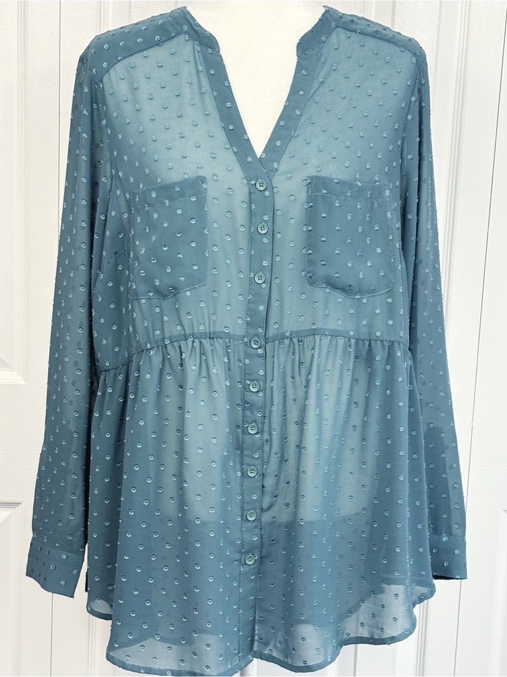 Torrid Dusty Blue Swiss Dot Sheer Long Sleeve Babydoll Emma Blouse 1X